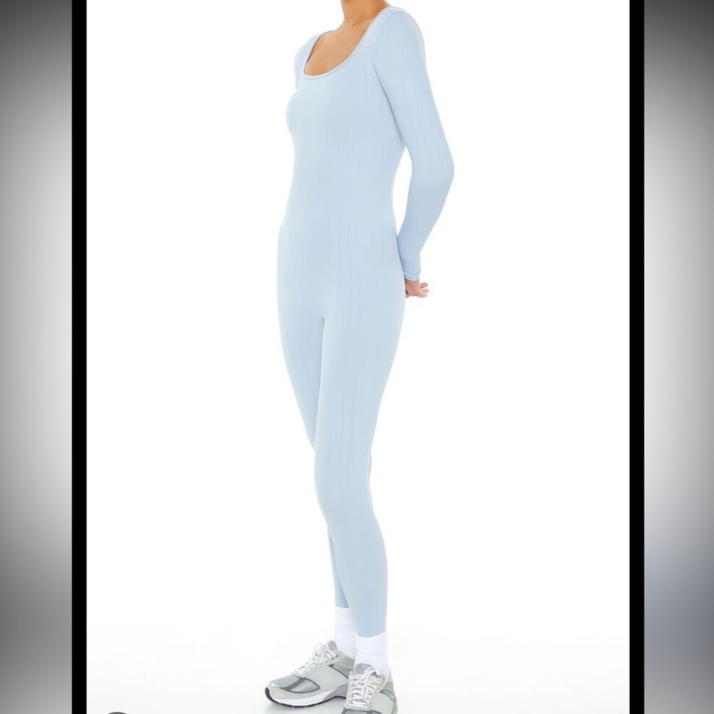 Scoop Ribbed Knit Jumpsuit Light Blue Long Sleeve